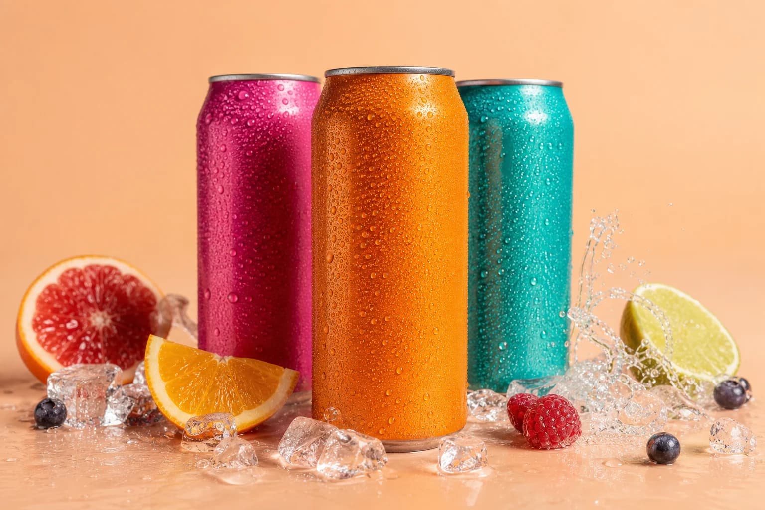 Chilled energy drink cans with ice and fresh fruit
