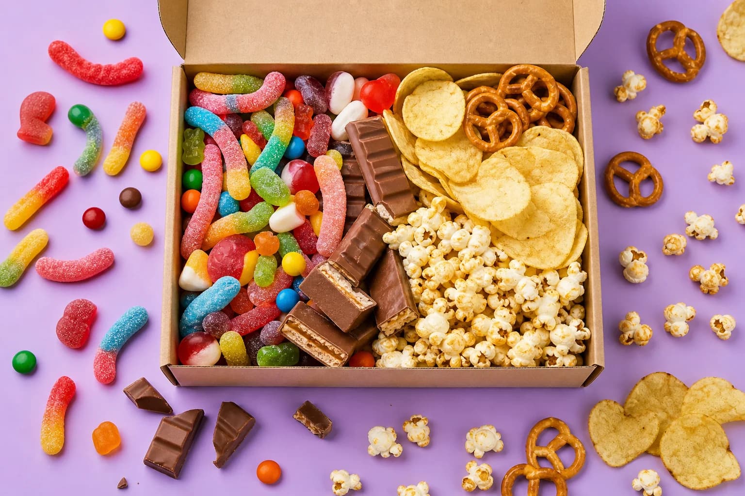 Open snack box filled with candy on one side and salty snacks on the other