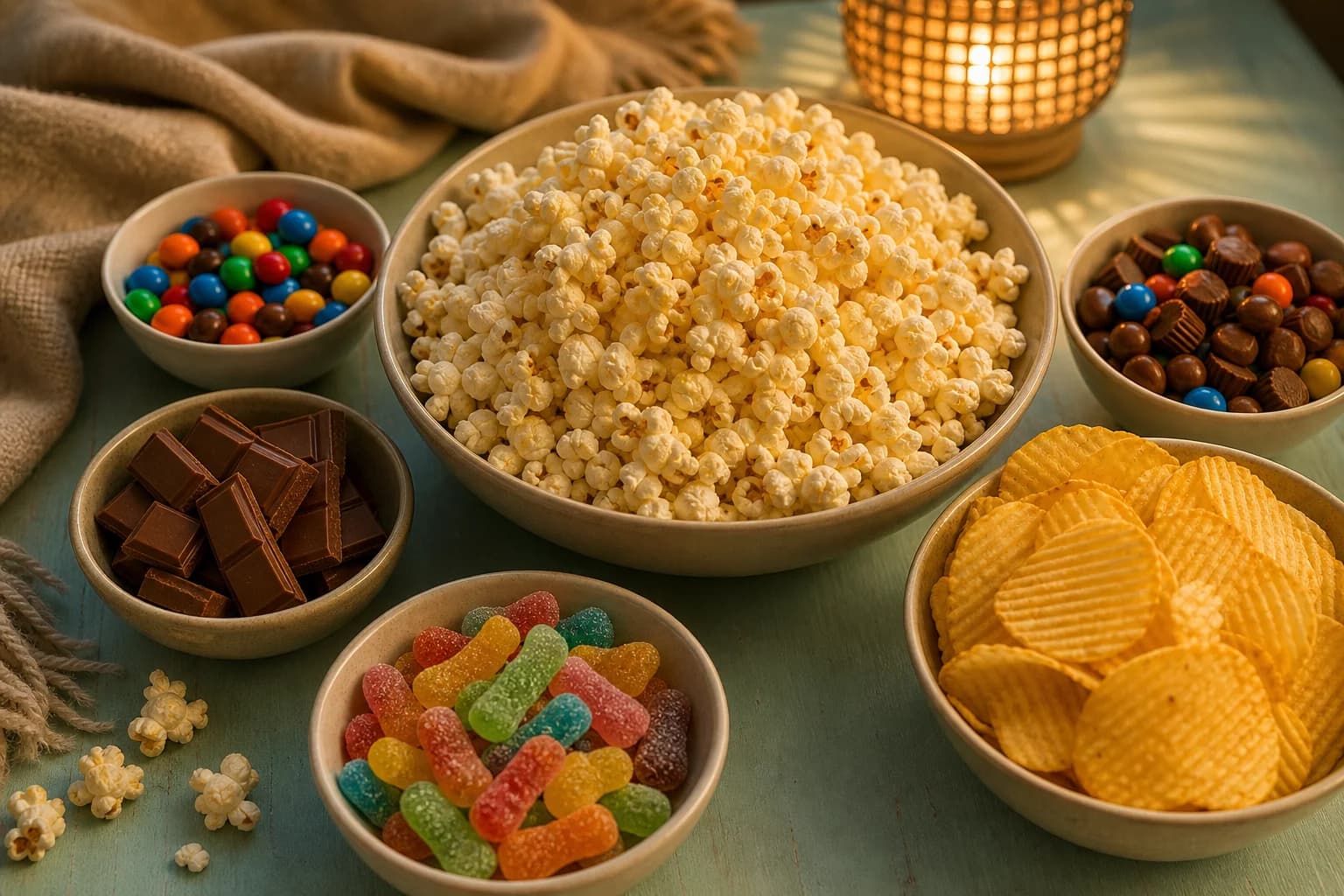 Movie night spread with a big bowl of popcorn surrounded by candy and chips