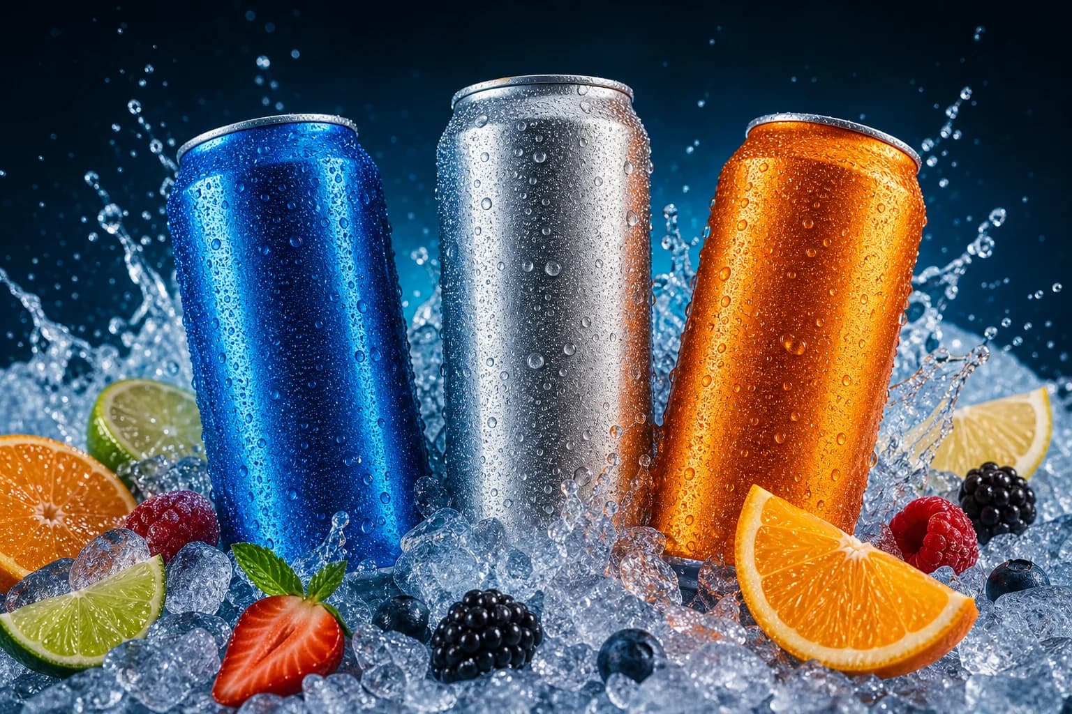 Ice-cold energy drink cans in crushed ice with a water splash and fresh fruit