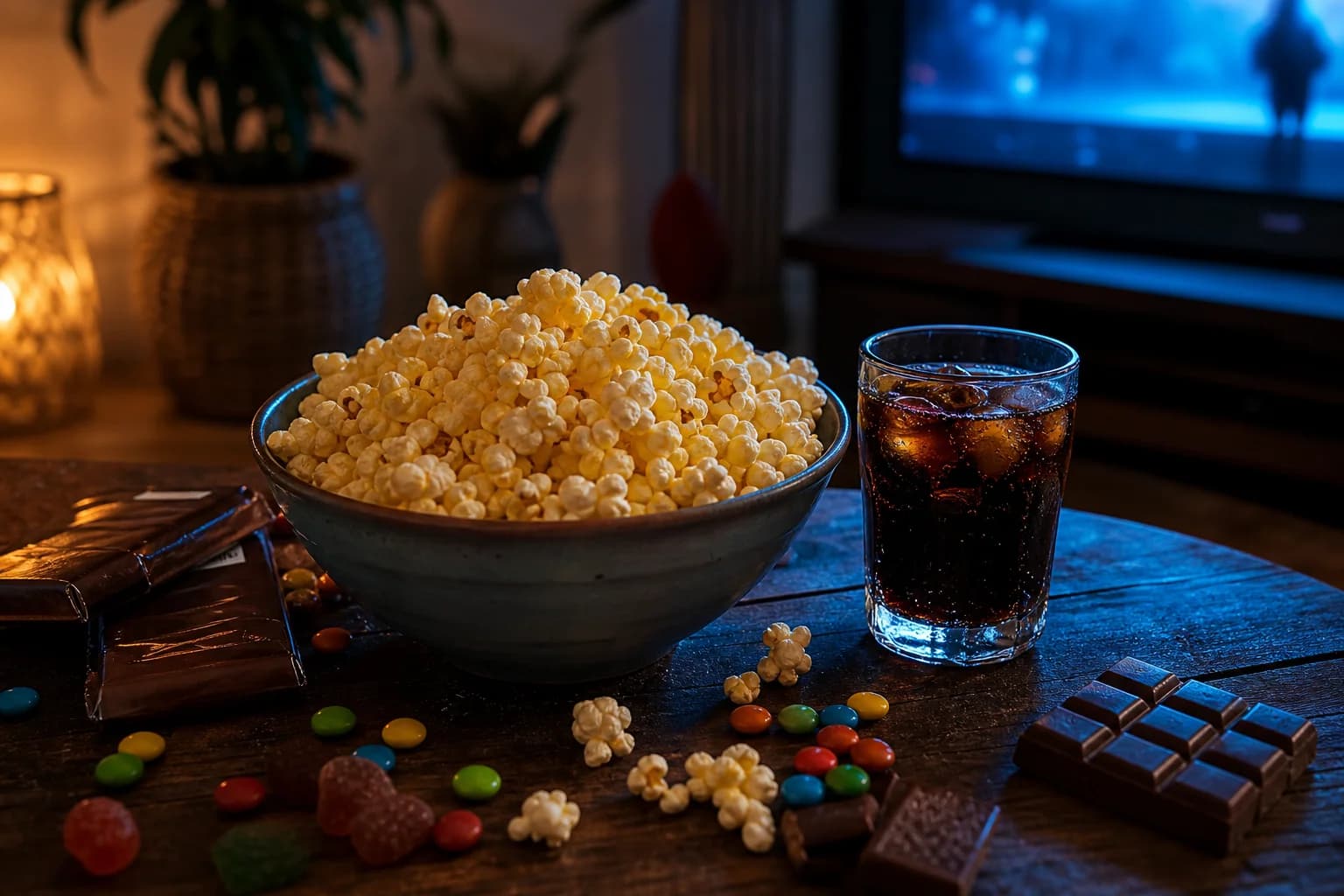 A big bowl of buttered popcorn with candy and chocolate on a dark table lit by television glow