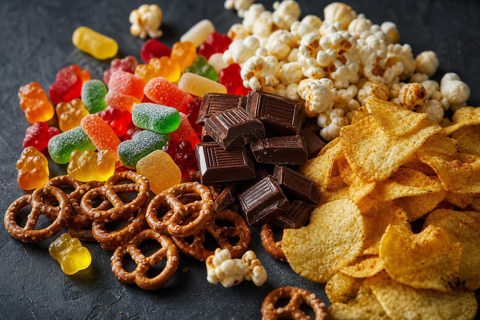 A sweet and salty snack spread of gummies, chocolate, pretzels, chips and popcorn on a dark slate board